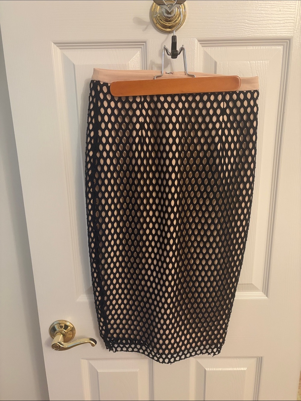 Elizabeth and James Beige Pencil Skirt with Black Mesh